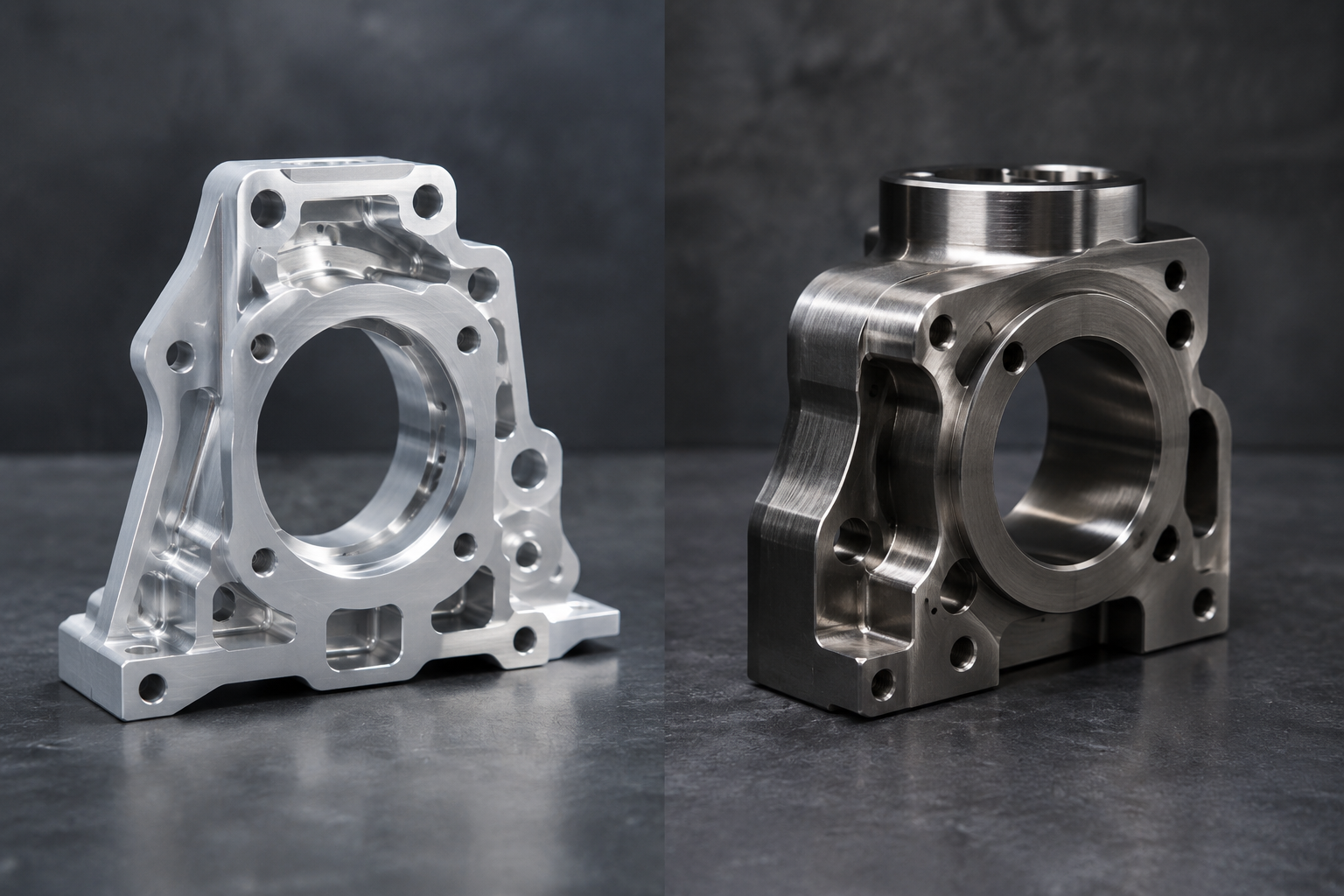 Aluminum and stainless steel CNC machined parts shown side by side