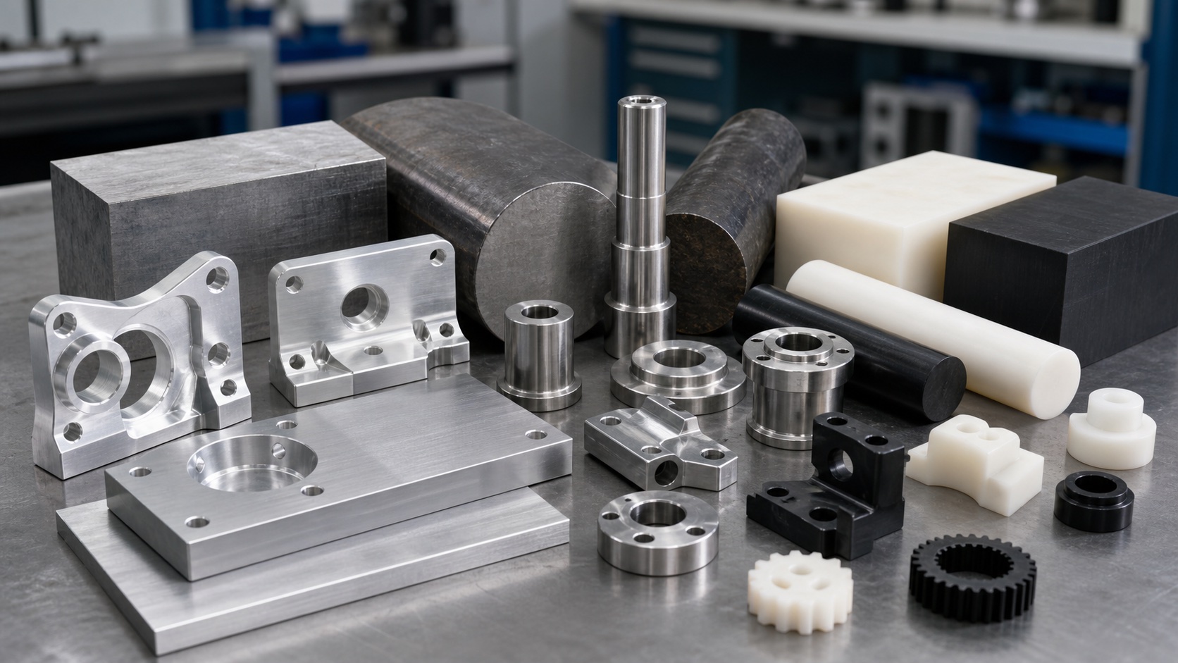 Aluminum stainless steel carbon steel and engineering plastic samples with CNC machined parts