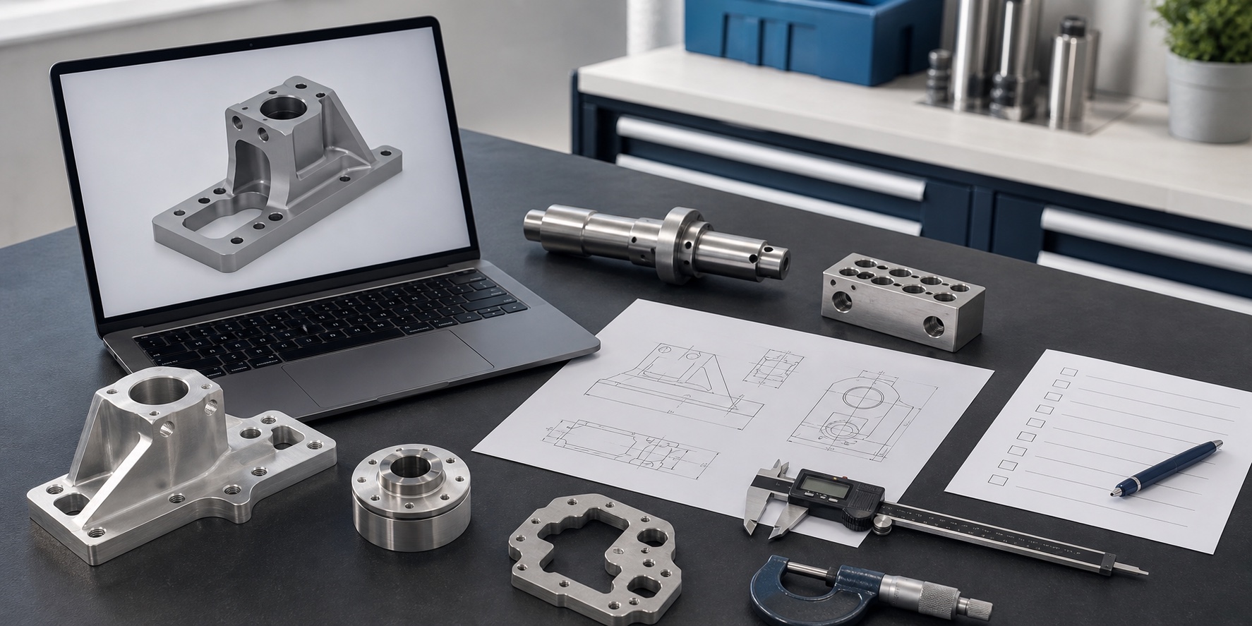 CNC machined parts with technical drawing and inspection tools for RFQ review