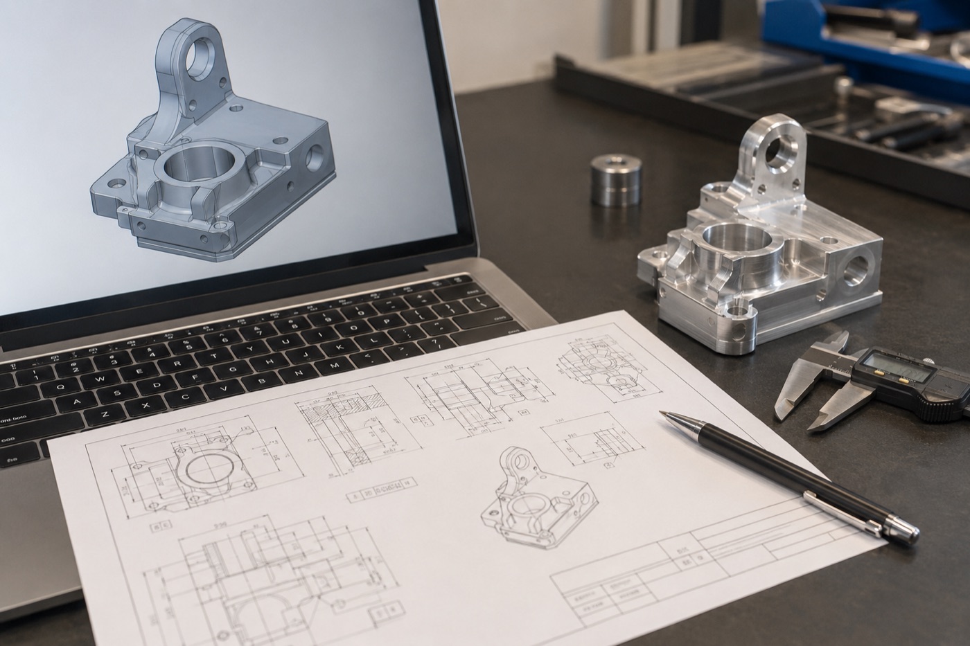 Engineering drawing CAD model and measuring tools for CNC tolerance review