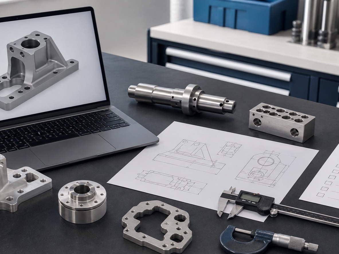 CNC machined parts with CAD model technical drawing and inspection tools for RFQ review